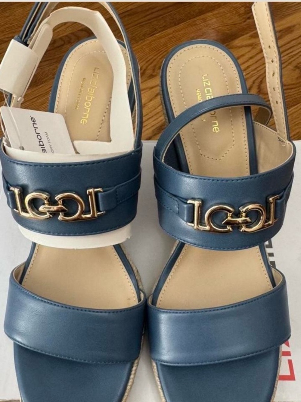 Liz Claiborne Navy Blue Slingback Sandals with Gold Chain Detail